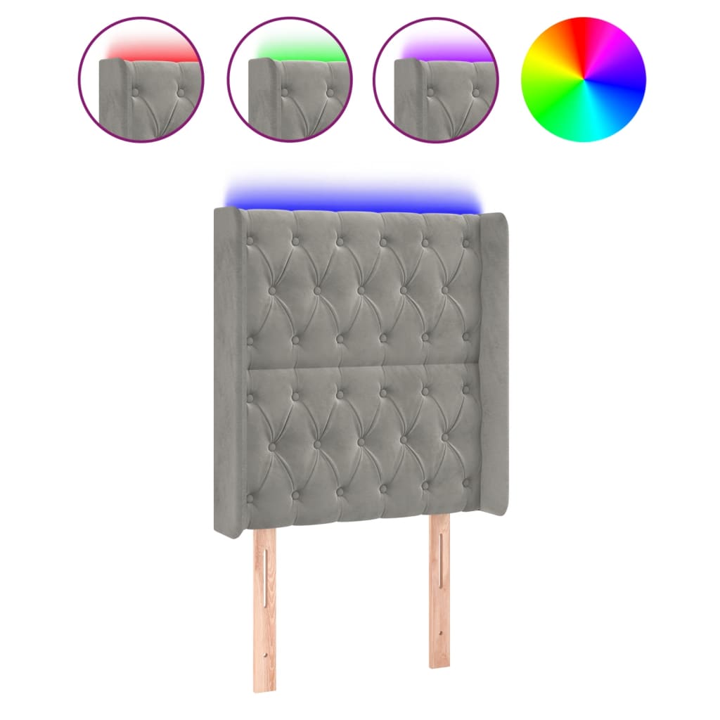 sengegavl med LED-lys 83x16x118/128 cm fløjl lysegrå