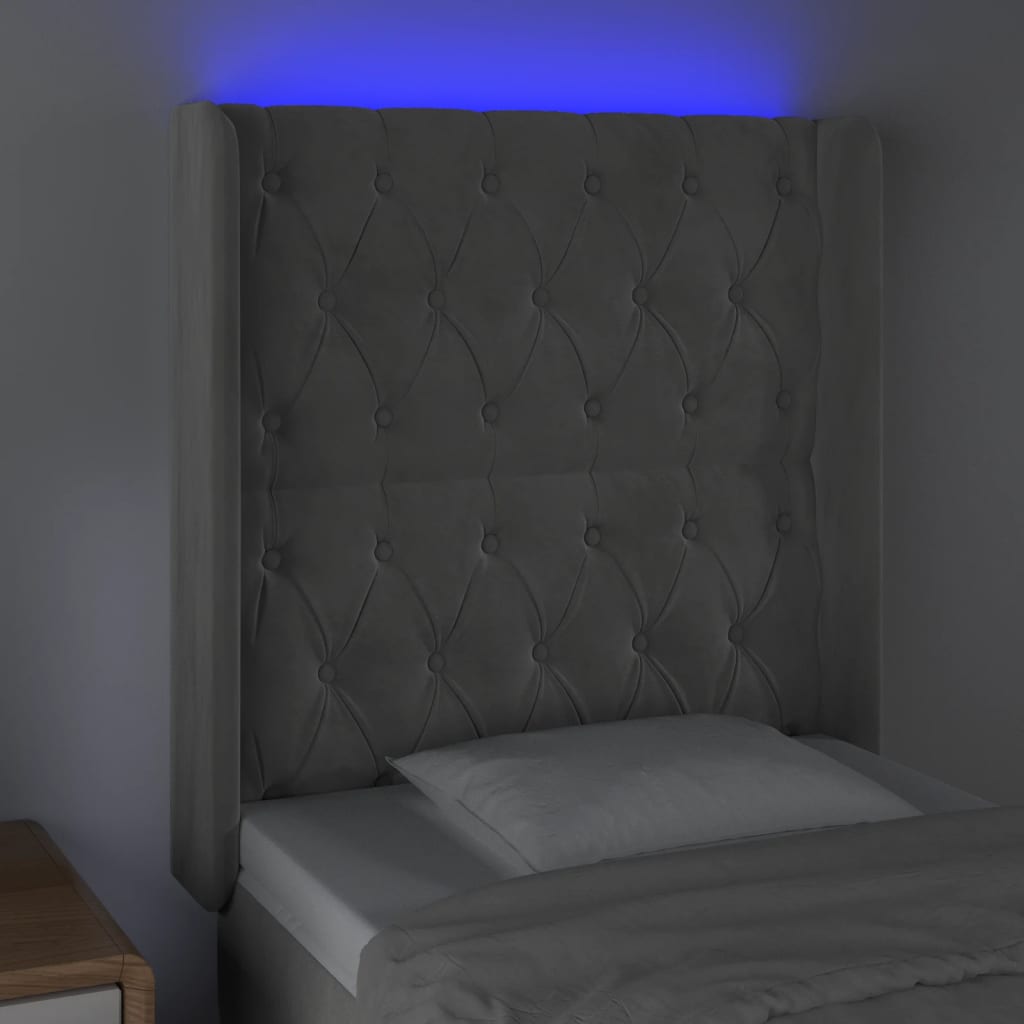 sengegavl med LED-lys 83x16x118/128 cm fløjl lysegrå