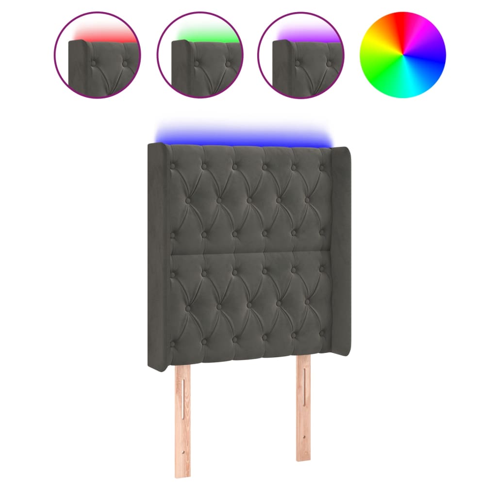 sengegavl med LED-lys 83x16x118/128 cm fløjl mørkegrå