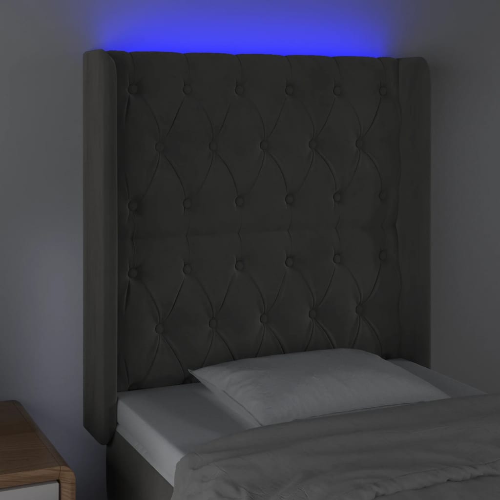 sengegavl med LED-lys 83x16x118/128 cm fløjl mørkegrå