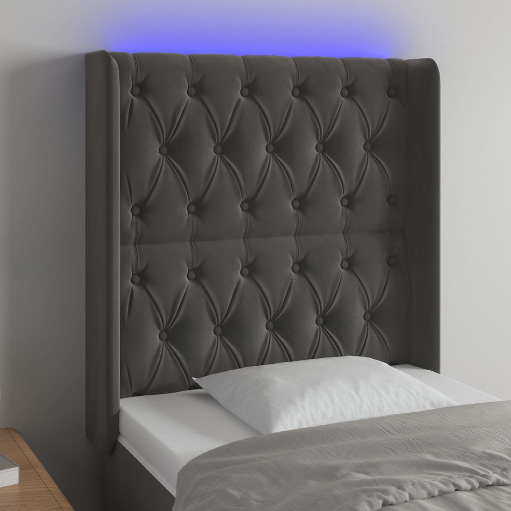 sengegavl med LED-lys 83x16x118/128 cm fløjl mørkegrå