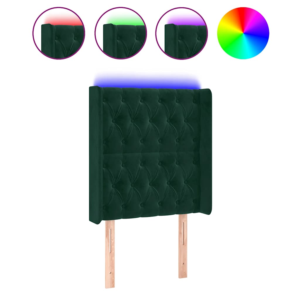 sengegavl med LED-lys 83x16x118/128 cm fløjl mørkegrøn