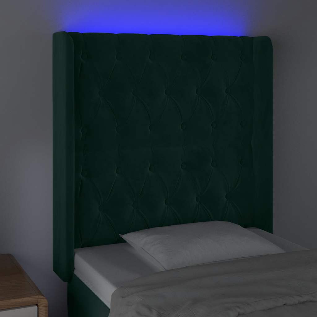 sengegavl med LED-lys 83x16x118/128 cm fløjl mørkegrøn