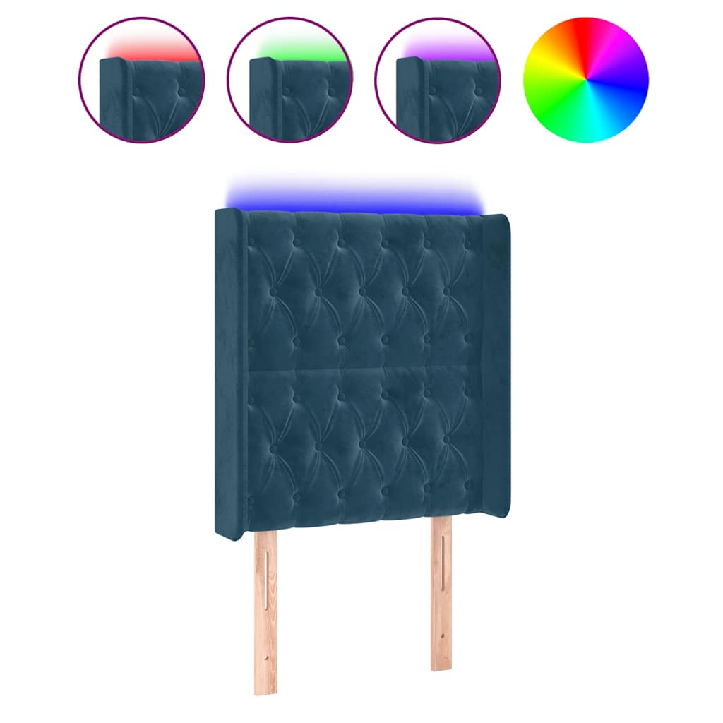 sengegavl med LED-lys 83x16x118/128 cm fløjl mørkeblå