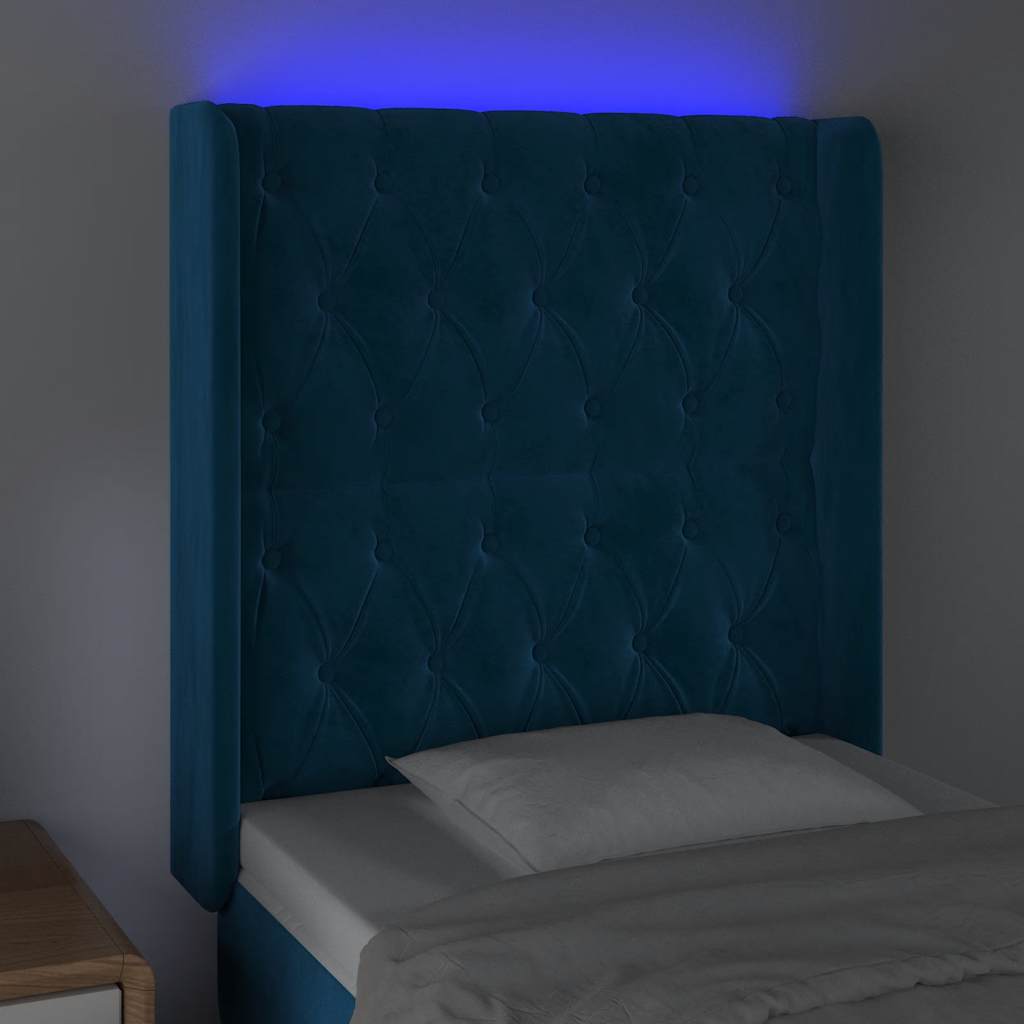 sengegavl med LED-lys 83x16x118/128 cm fløjl mørkeblå