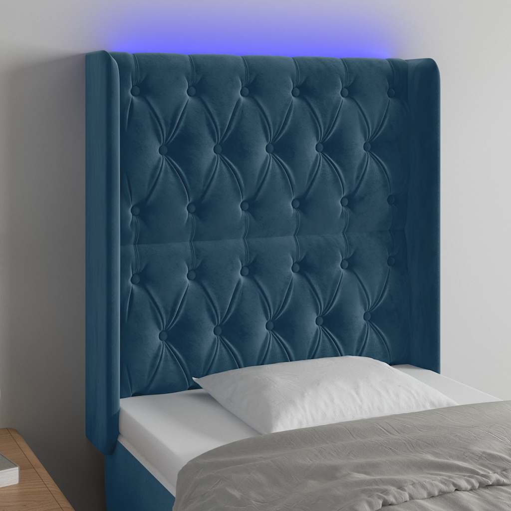 sengegavl med LED-lys 83x16x118/128 cm fløjl mørkeblå