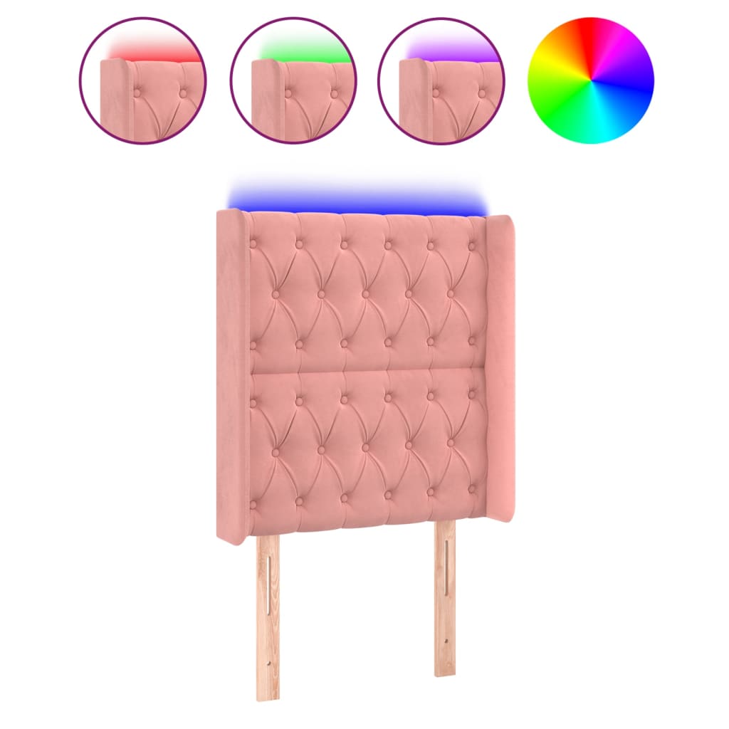 sengegavl med LED-lys 83x16x118/128 cm fløjl lyserød