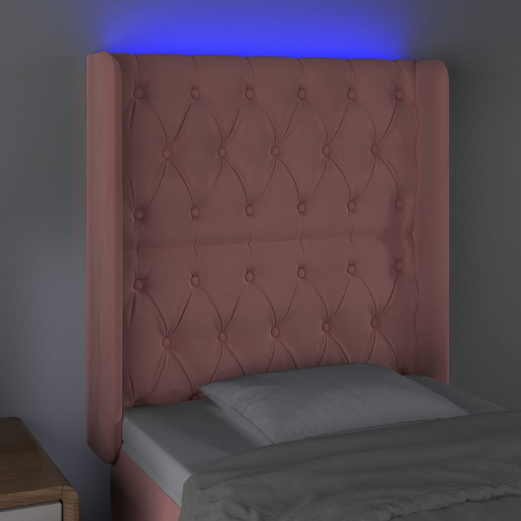 sengegavl med LED-lys 83x16x118/128 cm fløjl lyserød