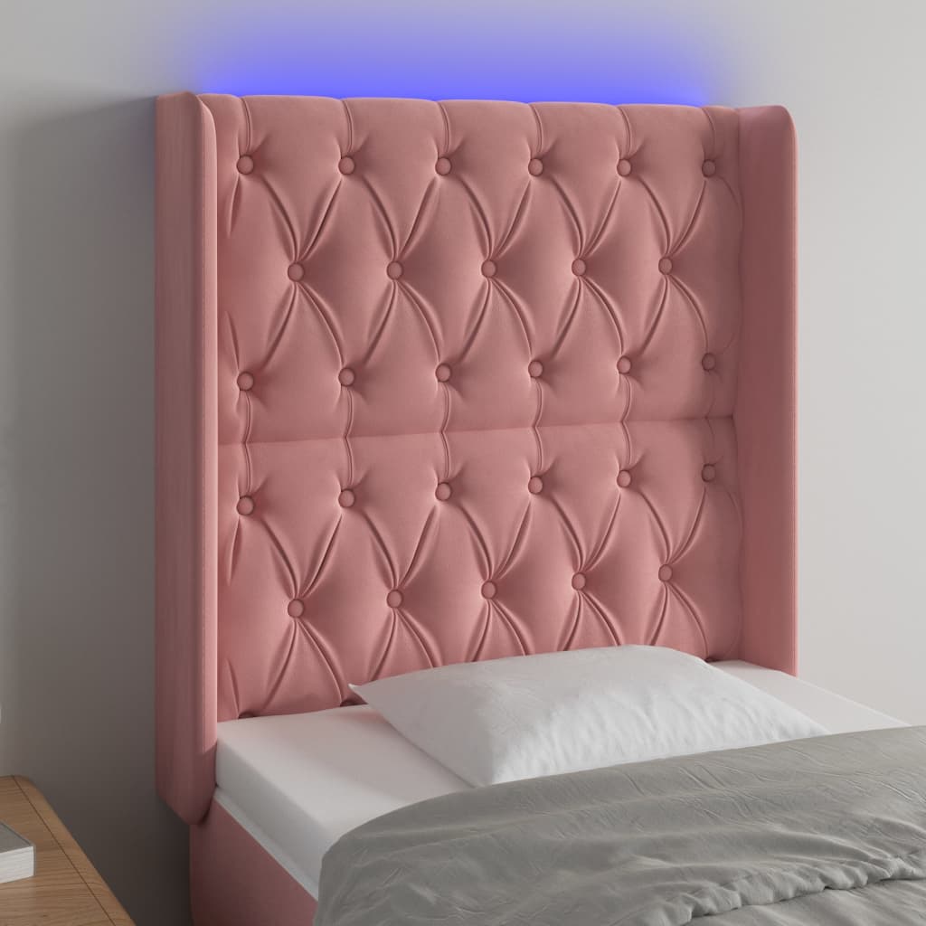 sengegavl med LED-lys 83x16x118/128 cm fløjl lyserød