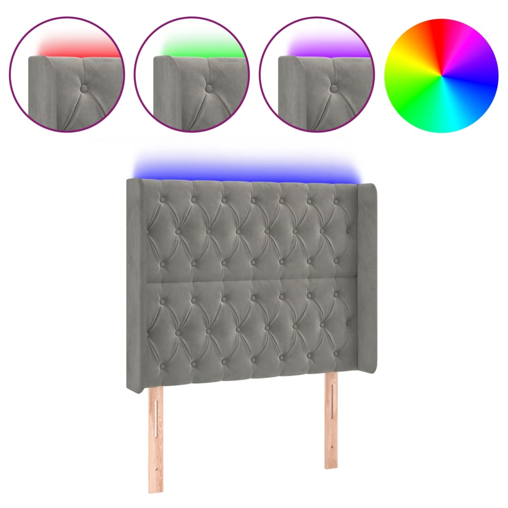 sengegavl med LED-lys 93x16x118/128 cm fløjl lysegrå