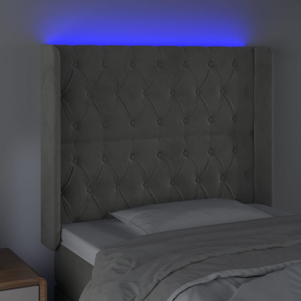 sengegavl med LED-lys 93x16x118/128 cm fløjl lysegrå