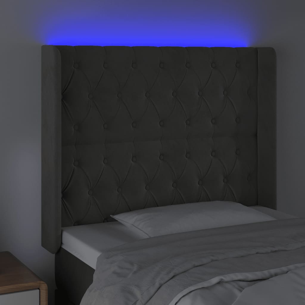 sengegavl med LED-lys 93x16x118/128 cm fløjl mørkegrå