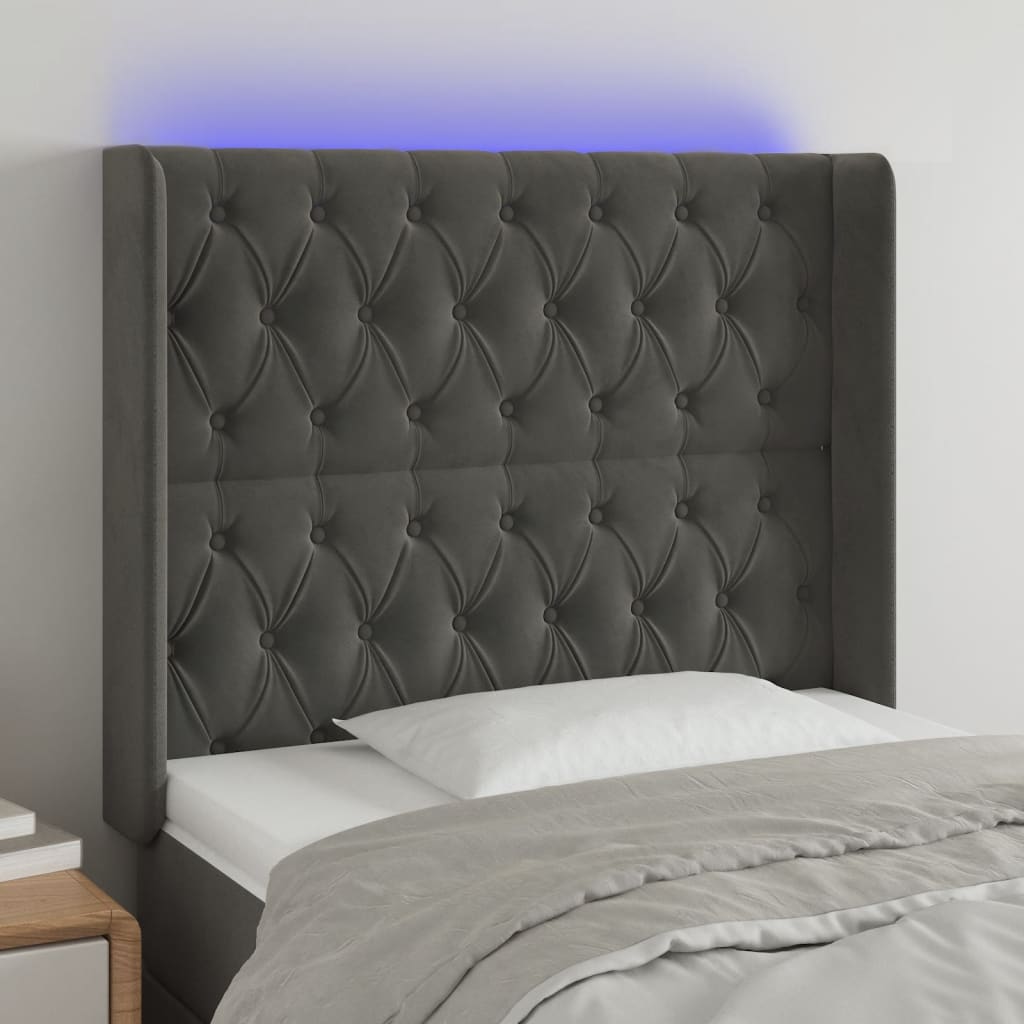 sengegavl med LED-lys 93x16x118/128 cm fløjl mørkegrå