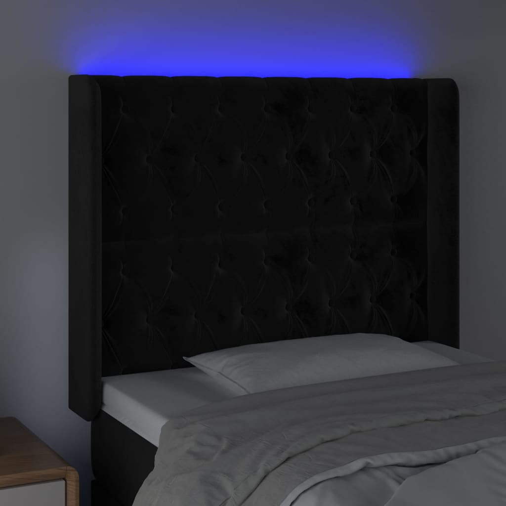 sengegavl med LED-lys 93x16x118/128 cm fløjl sort