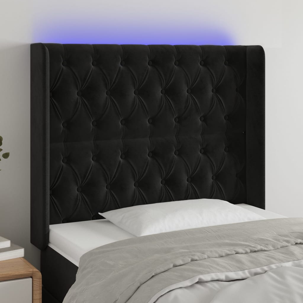sengegavl med LED-lys 93x16x118/128 cm fløjl sort