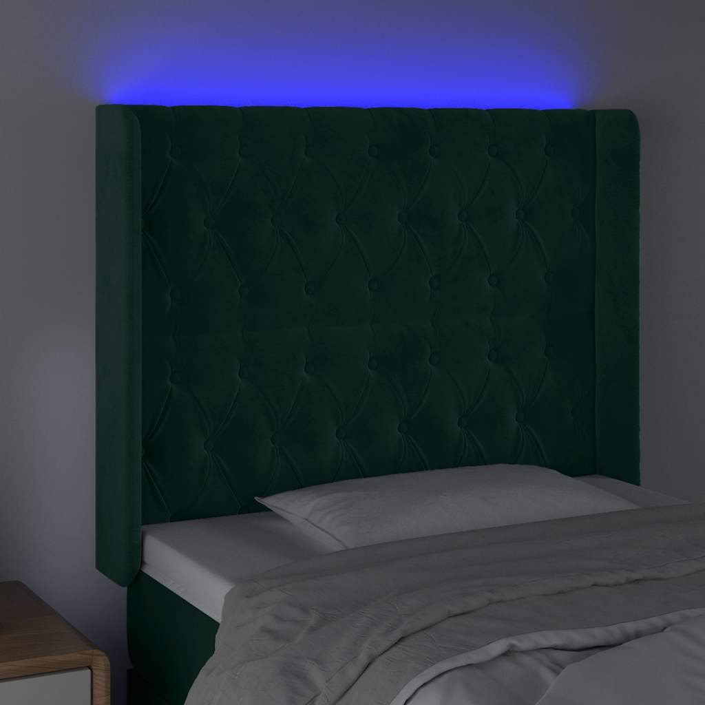 sengegavl med LED-lys 93x16x118/128 cm fløjl mørkegrøn