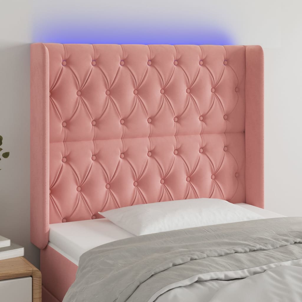 sengegavl med LED-lys 93x16x118/128 cm fløjl lyserød