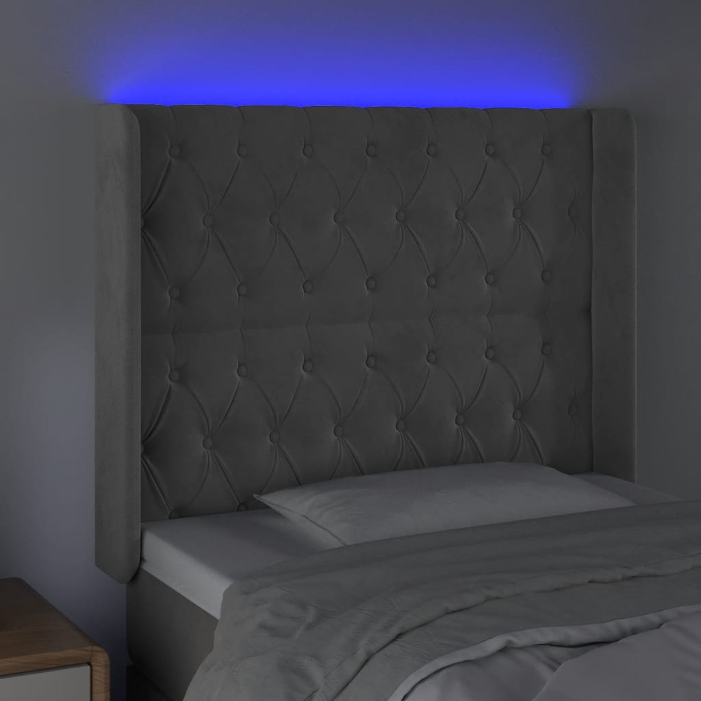 sengegavl med LED-lys 103x16x118/128 cm fløjl lysegrå