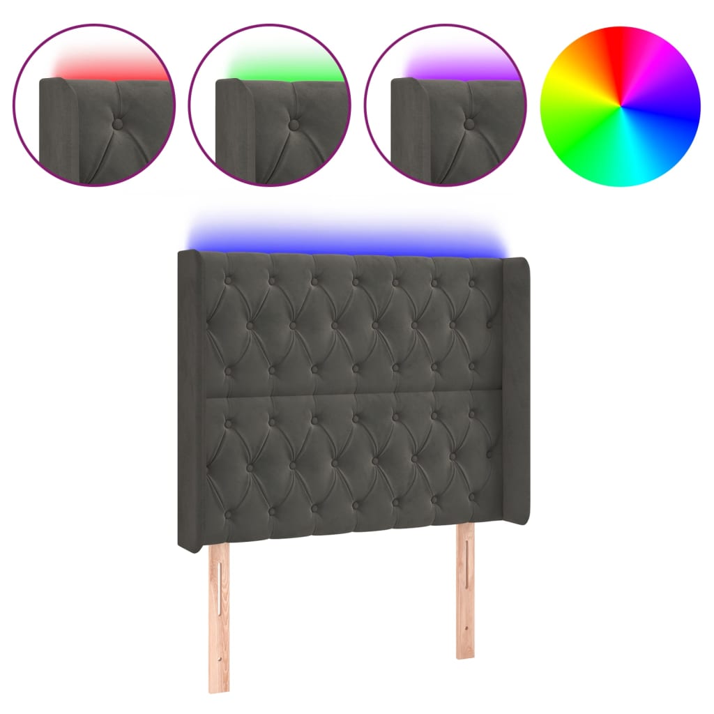 sengegavl med LED-lys 103x16x118/128 cm fløjl mørkegrå