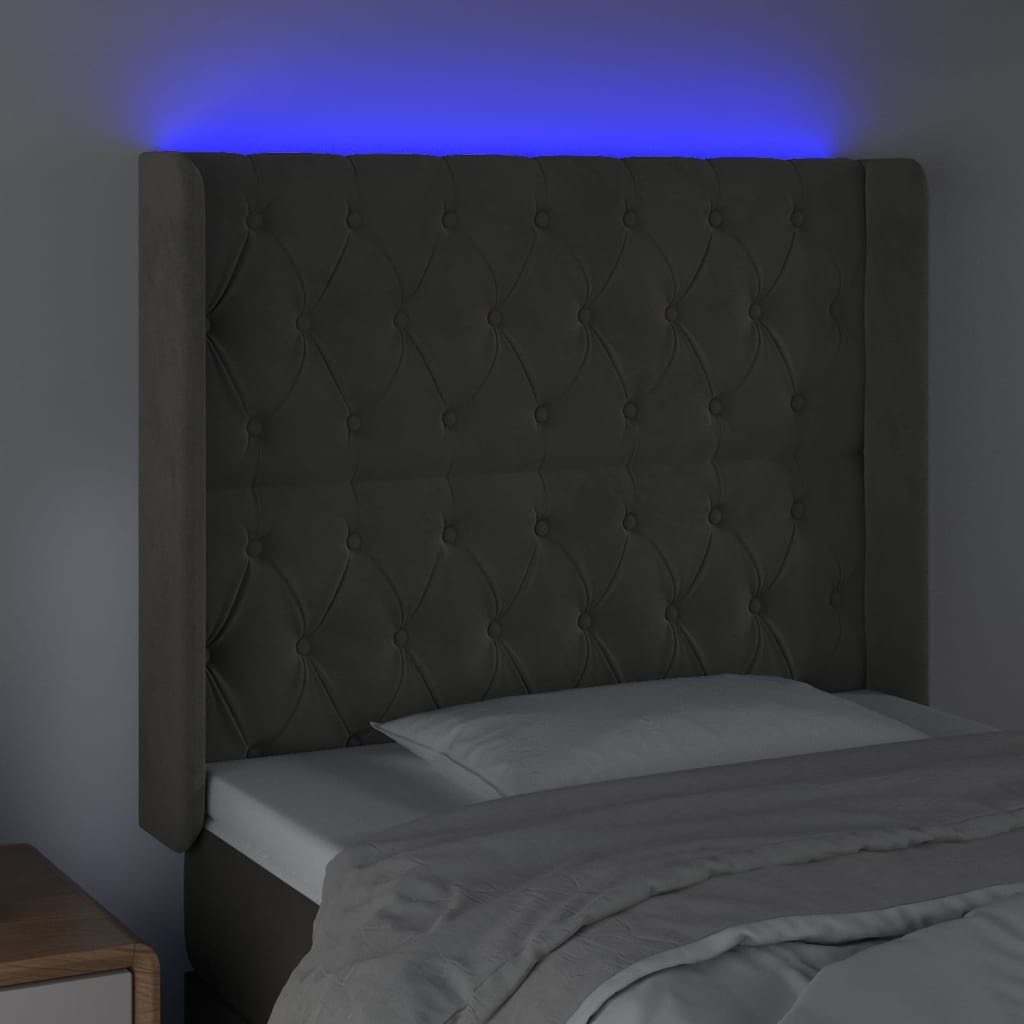 sengegavl med LED-lys 103x16x118/128 cm fløjl mørkegrå