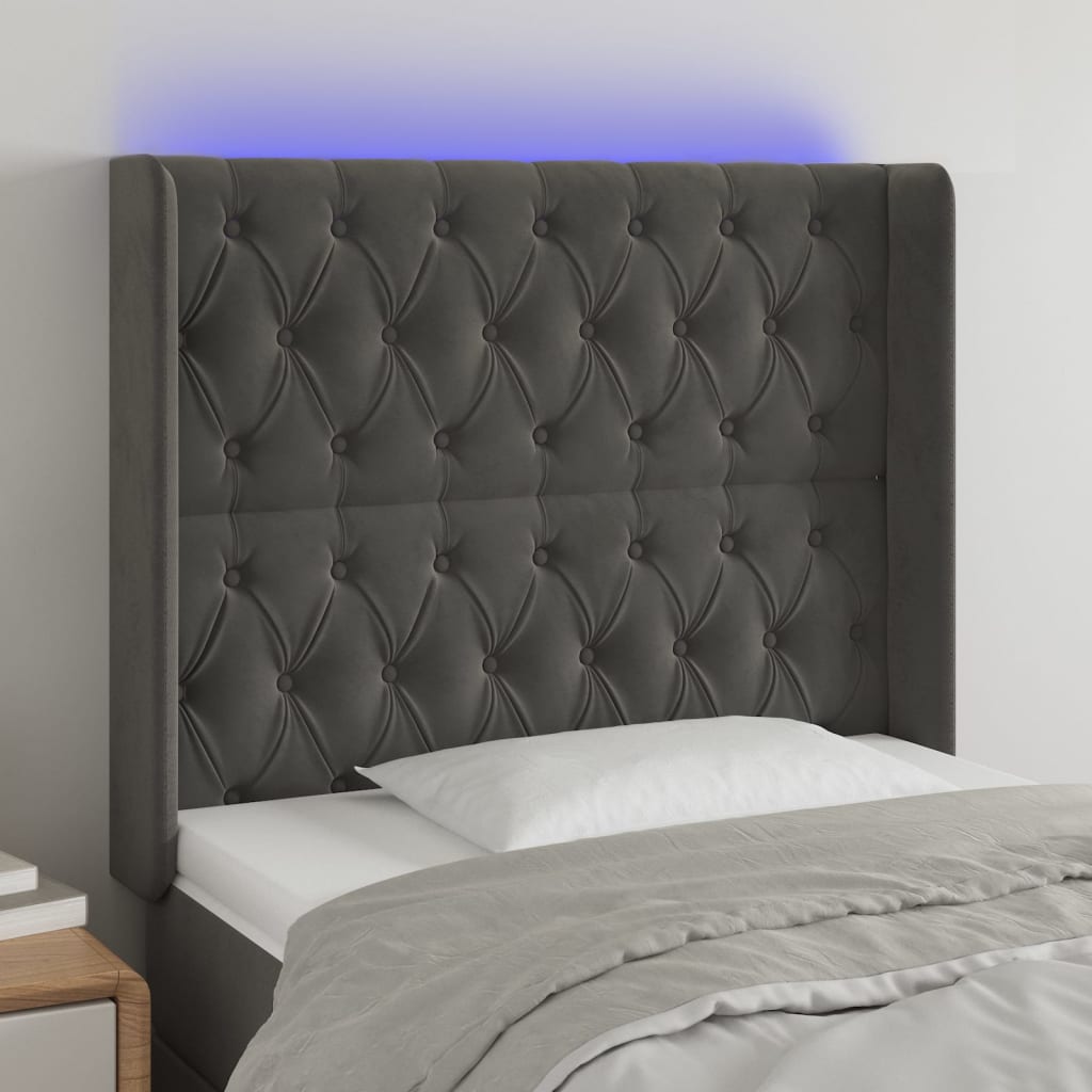 sengegavl med LED-lys 103x16x118/128 cm fløjl mørkegrå