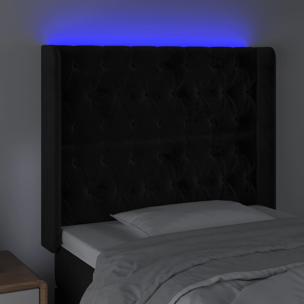 sengegavl med LED-lys 103x16x118/128 cm fløjl sort