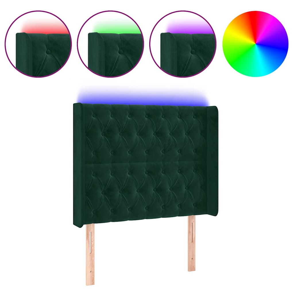 sengegavl med LED-lys 103x16x118/128 cm fløjl mørkegrøn