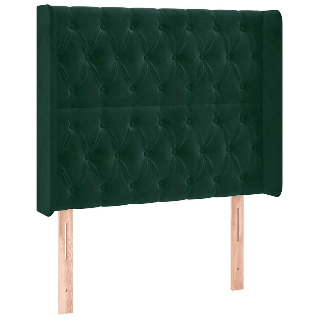 sengegavl med LED-lys 103x16x118/128 cm fløjl mørkegrøn