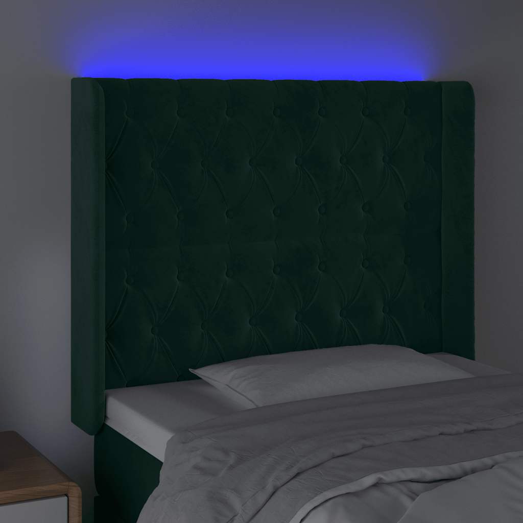 sengegavl med LED-lys 103x16x118/128 cm fløjl mørkegrøn