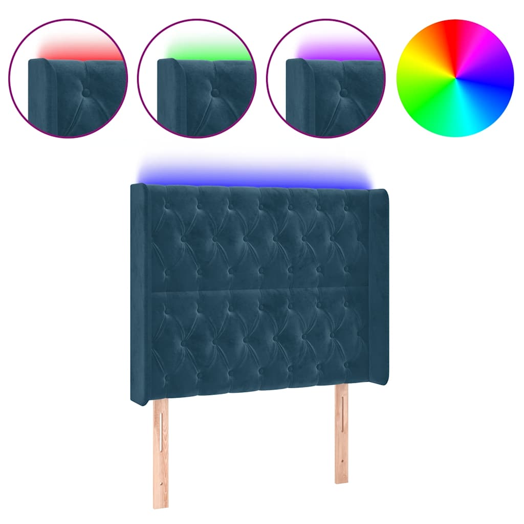 sengegavl med LED-lys 103x16x118/128 cm fløjl mørkeblå