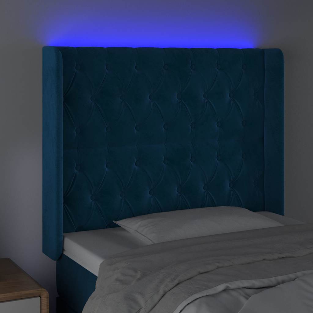 sengegavl med LED-lys 103x16x118/128 cm fløjl mørkeblå
