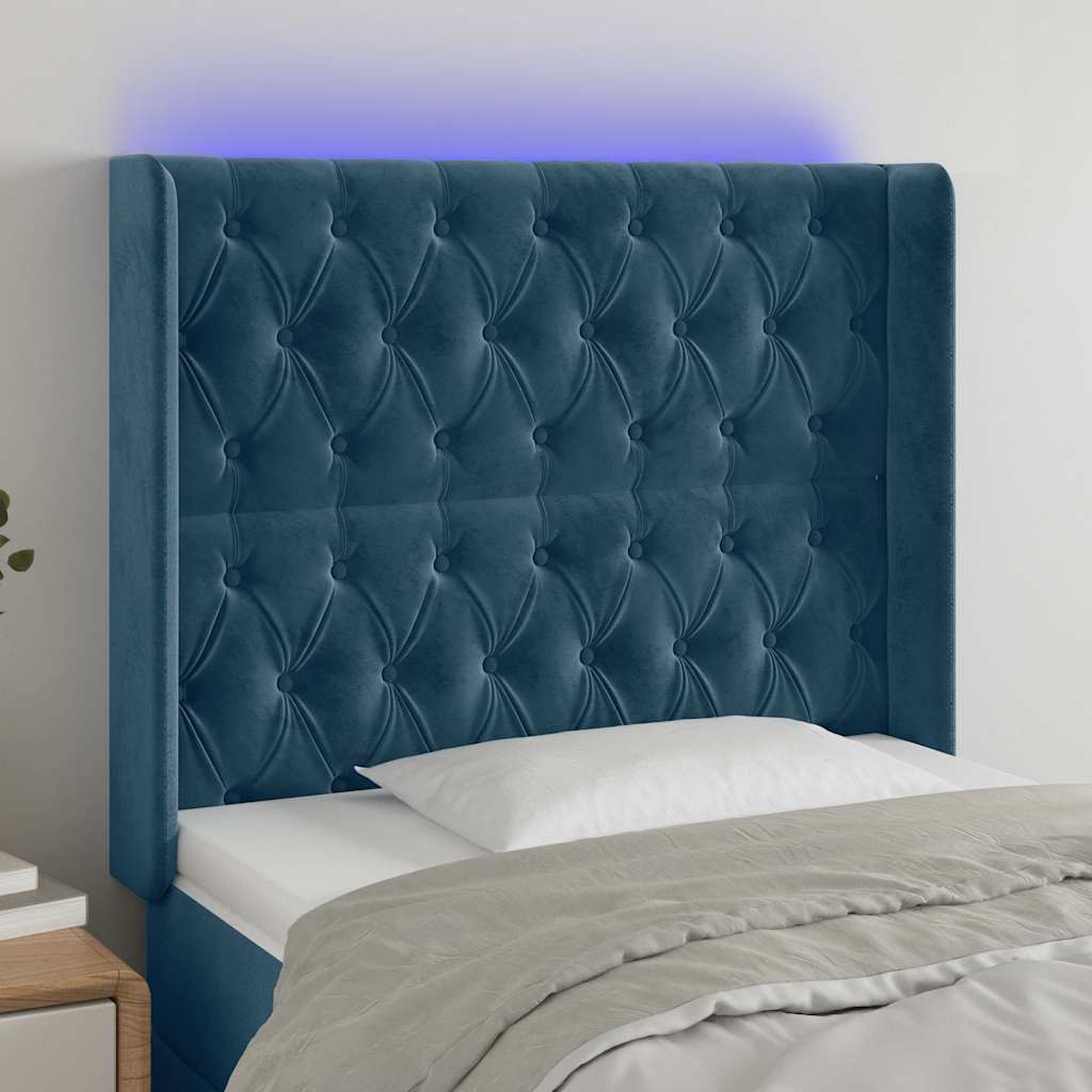 sengegavl med LED-lys 103x16x118/128 cm fløjl mørkeblå