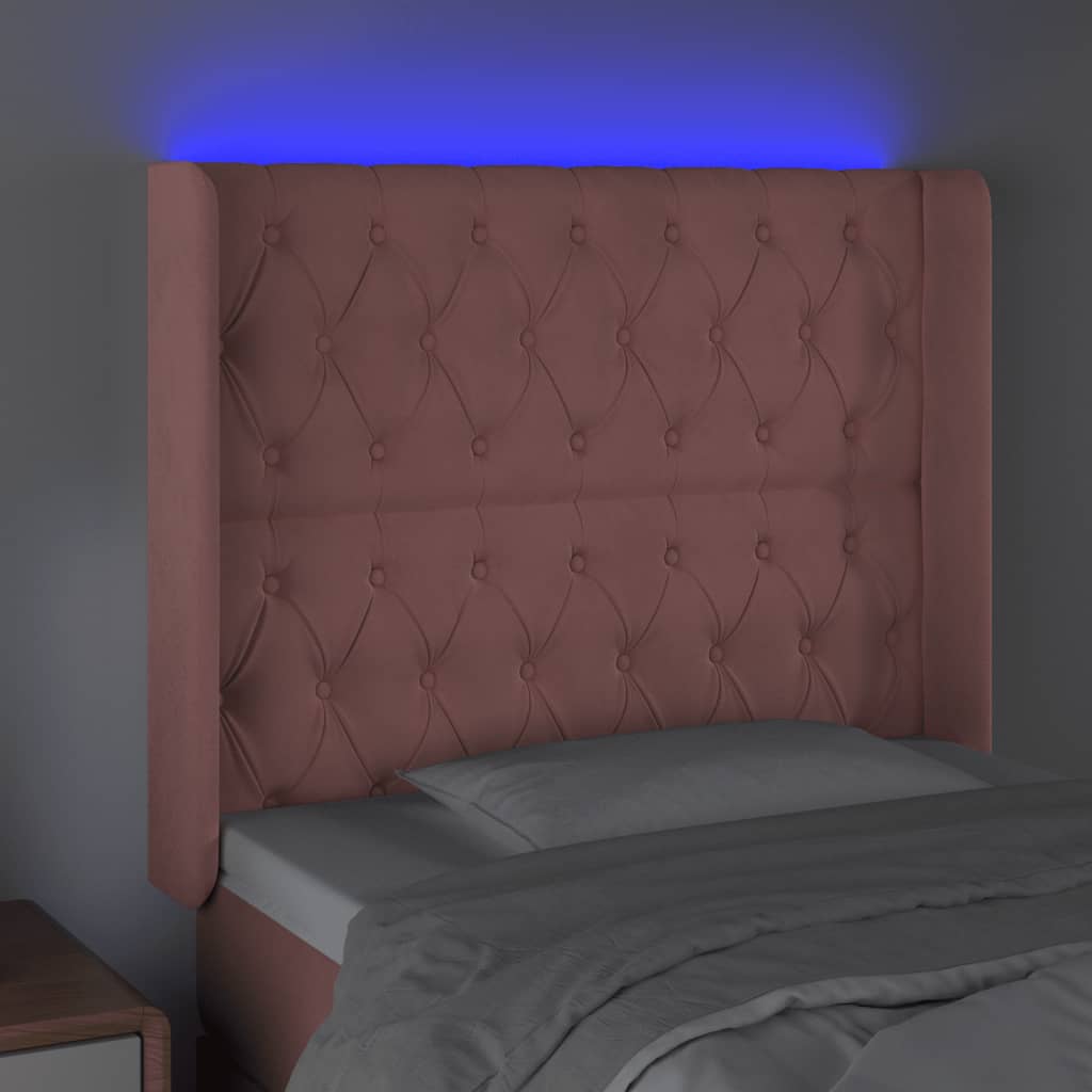sengegavl med LED-lys 103x16x118/128 cm fløjl lyserød