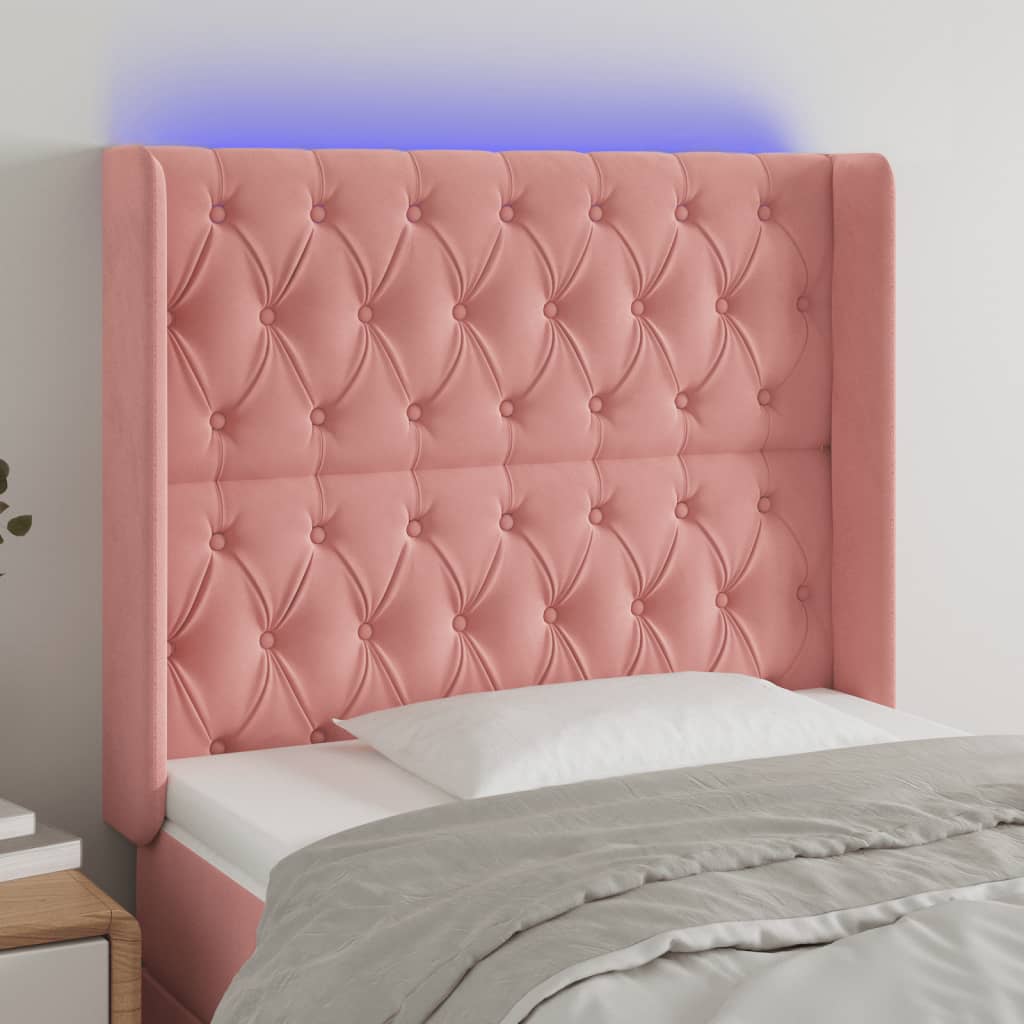 sengegavl med LED-lys 103x16x118/128 cm fløjl lyserød