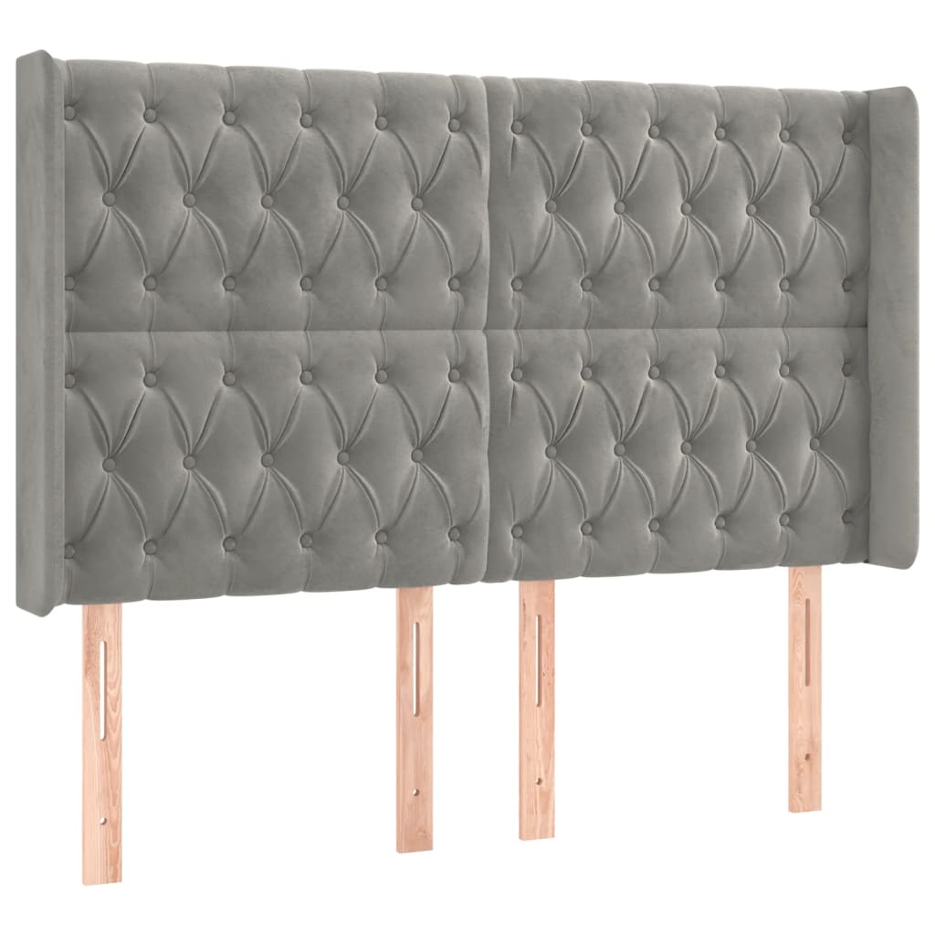 sengegavl med LED-lys 147x16x118/128 cm fløjl lysegrå