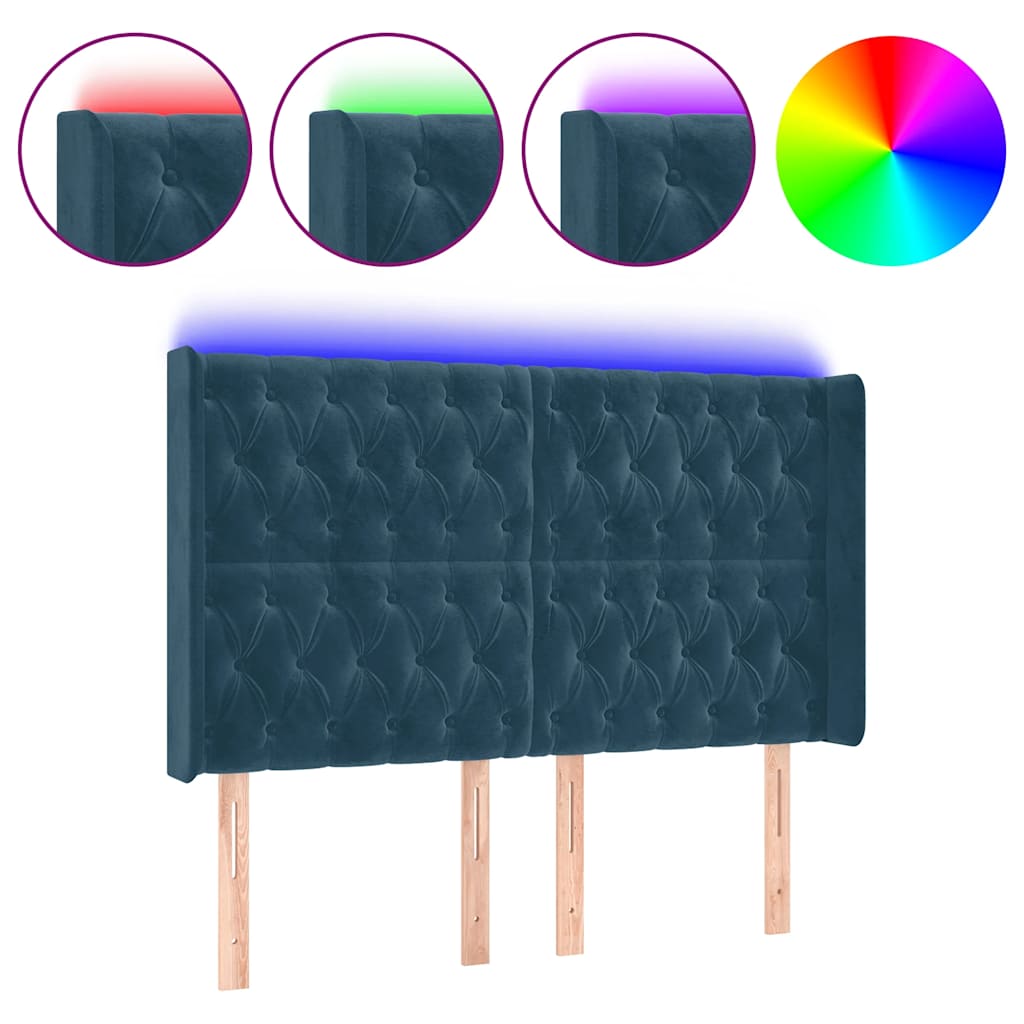 sengegavl med LED-lys 147x16x118/128 cm fløjl mørkeblå