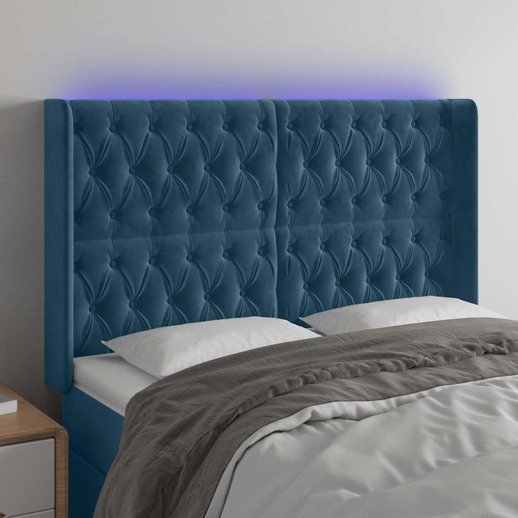 sengegavl med LED-lys 147x16x118/128 cm fløjl mørkeblå