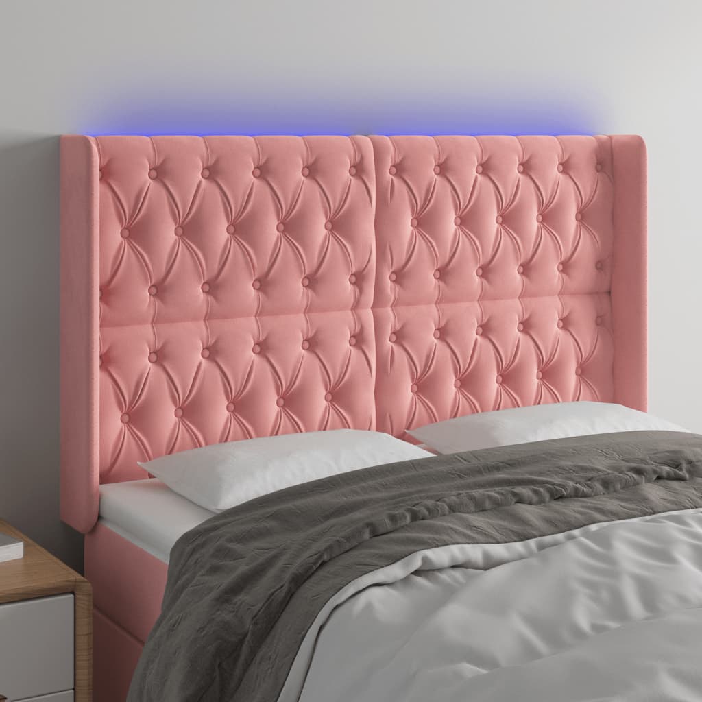 sengegavl med LED-lys 147x16x118/128 cm fløjl lyserød