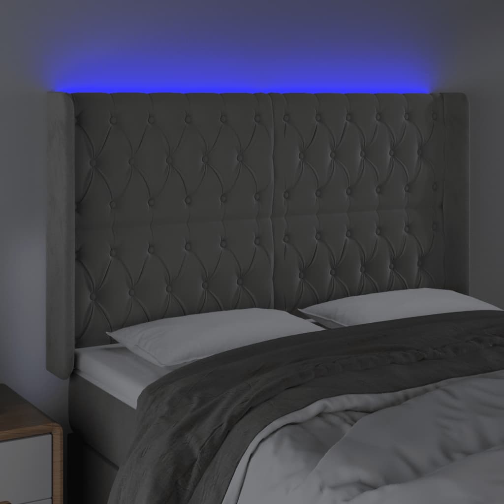 sengegavl med LED-lys 163x16x118/128 cm fløjl lysegrå