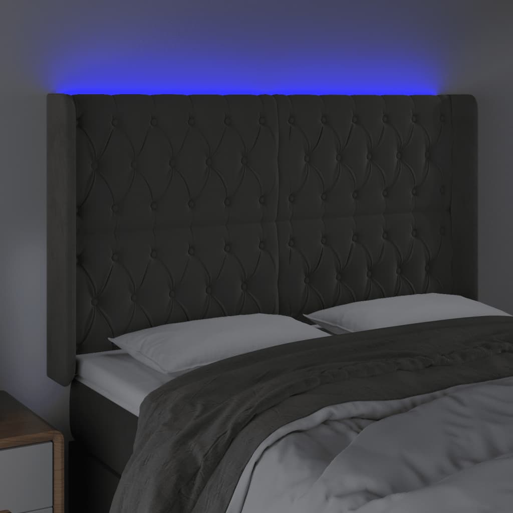 sengegavl med LED-lys 163x16x118/128 cm fløjl mørkegrå