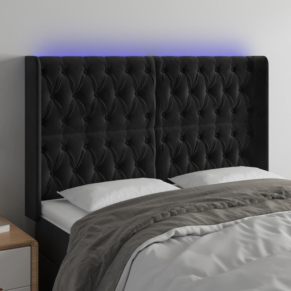 sengegavl med LED-lys 163x16x118/128 cm fløjl sort