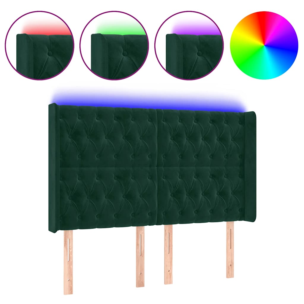 sengegavl med LED-lys 163x16x118/128 cm fløjl mørkegrøn
