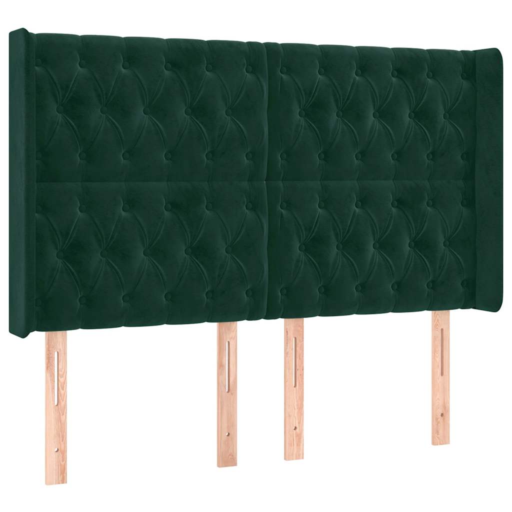 sengegavl med LED-lys 163x16x118/128 cm fløjl mørkegrøn