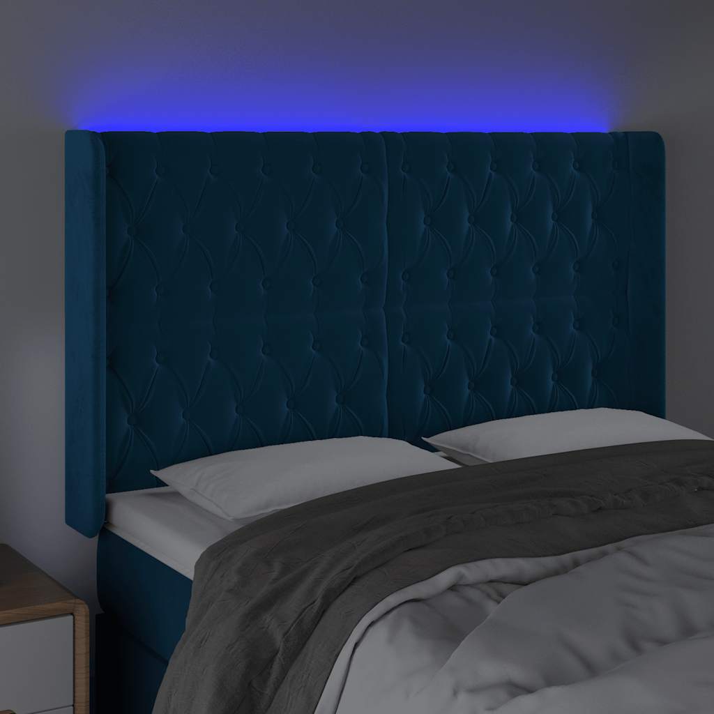 sengegavl med LED-lys 163x16x118/128 cm fløjl mørkeblå