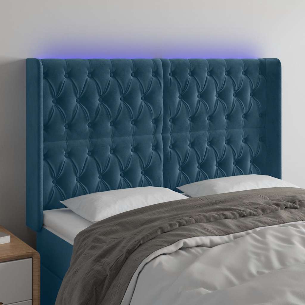 sengegavl med LED-lys 163x16x118/128 cm fløjl mørkeblå