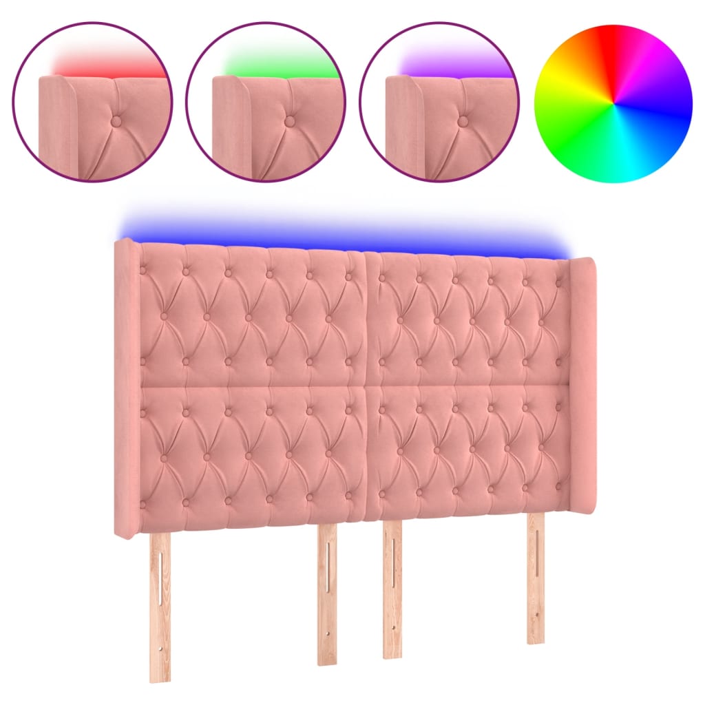 sengegavl med LED-lys 163x16x118/128 cm fløjl lyserød