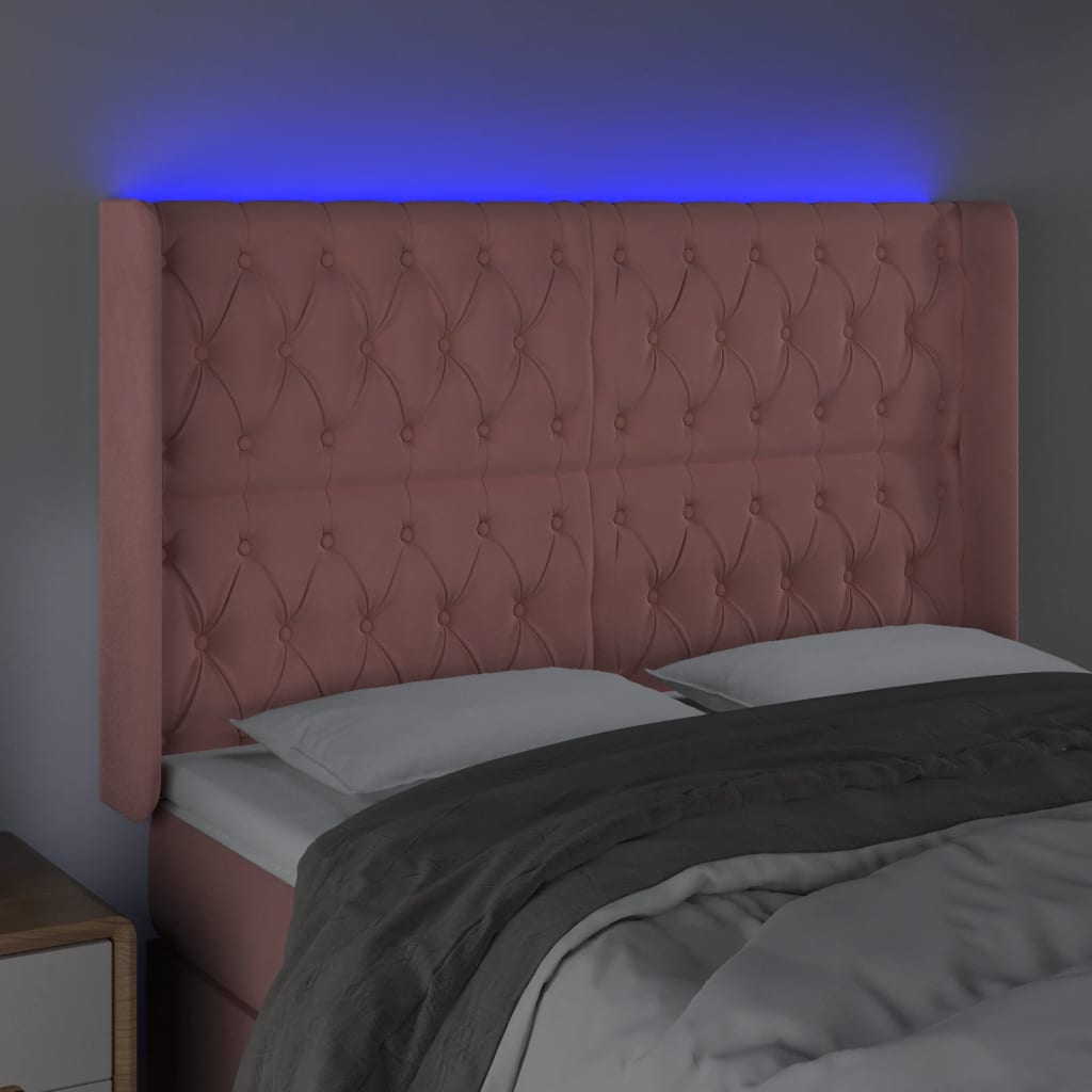 sengegavl med LED-lys 163x16x118/128 cm fløjl lyserød