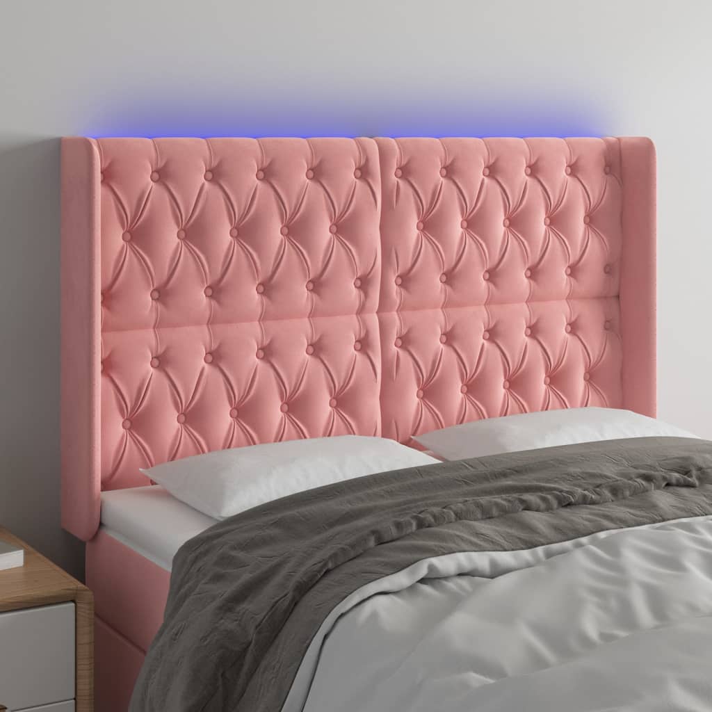 sengegavl med LED-lys 163x16x118/128 cm fløjl lyserød