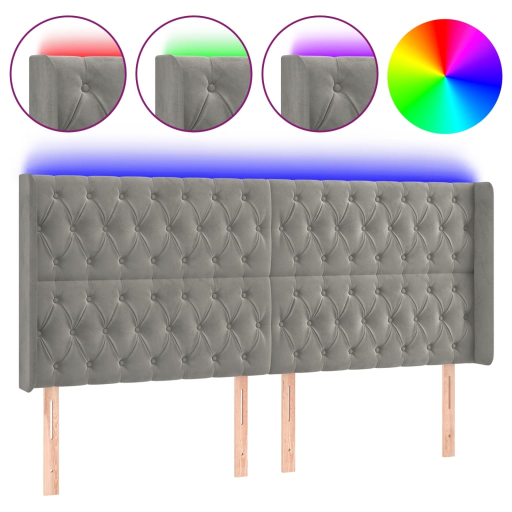 sengegavl med LED-lys 183x16x118/128 cm fløjl lysegrå