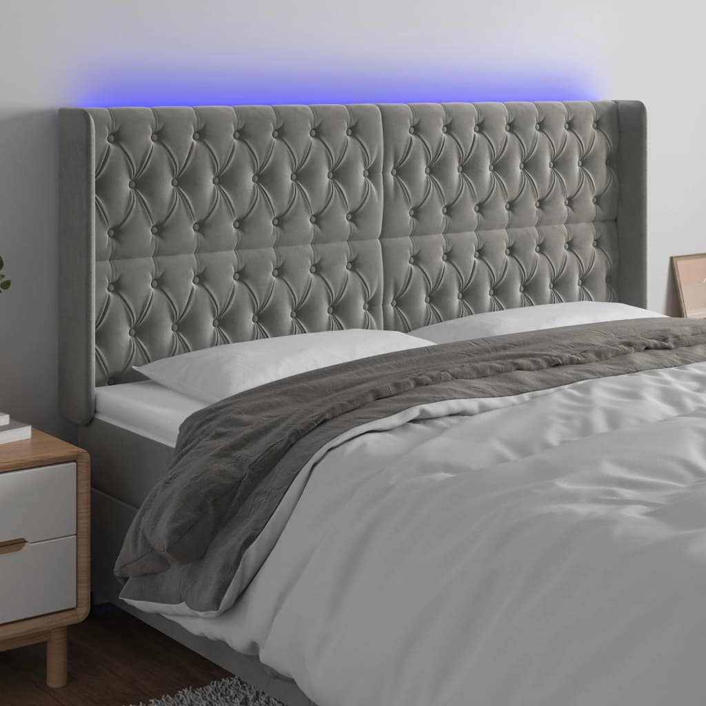 sengegavl med LED-lys 183x16x118/128 cm fløjl lysegrå